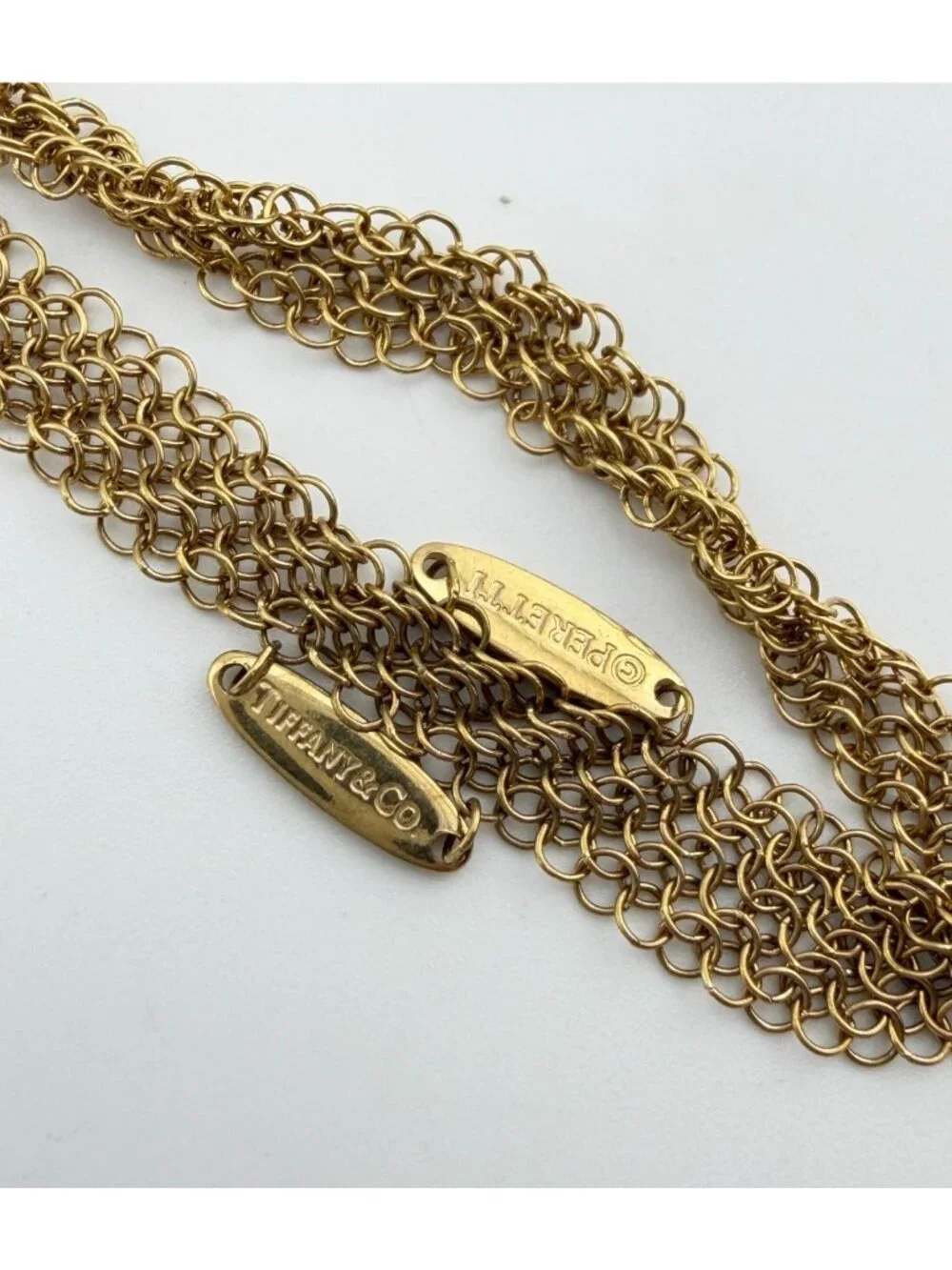 Tiffany & Co. Elsa Peretti Green Jade Open Heart 18k Mesh Chain 18g Gold